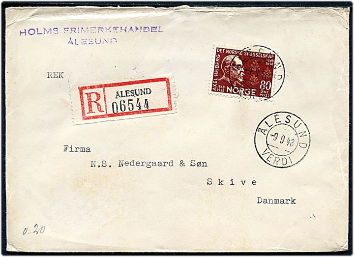 80 øre Axel Heiberg single på illustreret Aalesund 100 år kuvert med jubilæums mærkater sendt anbefalet fra Ålesund d. 9.9.1948 til Skive, Danmark.