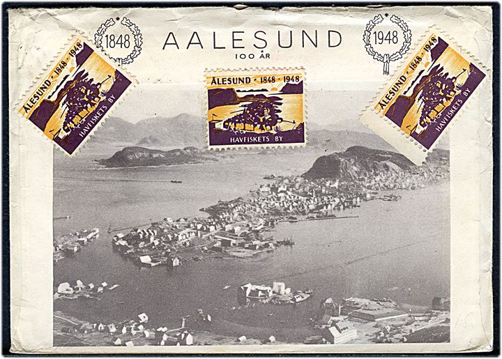 80 øre Axel Heiberg single på illustreret Aalesund 100 år kuvert med jubilæums mærkater sendt anbefalet fra Ålesund d. 9.9.1948 til Skive, Danmark.