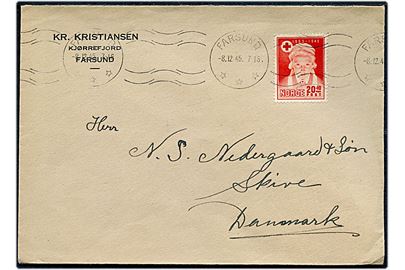 20+10 øre Røde Kors single på brev fra Farsund d. 8.12.1945 til Skive, Danmark. På bagsiden Norges Røde Kors julemærke i fireblok.