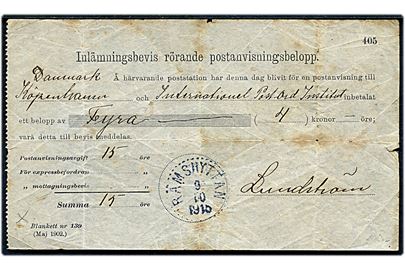 Inlämningsbevis for postanvisningsbeløb - formular nr. 139 - stemplet Rämshyttan d. 9.10.1915 for forsendelse af 4 kr. til Intenationel Post Ord Institut i København.