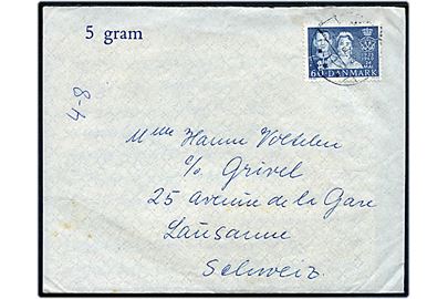 60 øre Fr. IX Sølvbryllup single på fortrykt 5 gram kuvert annulleret med svagt stempel d. 2.8.1960 til Lausanne, Schweiz.