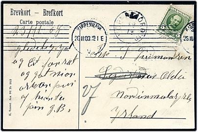 5 øre Fr. VIII på brevkort fra Kjøbenhavn d. 26.11.1908 til Seydisfjördur, Island - eftersendt til Vopnafjördur med ank.stempel d. 22.12.1908.