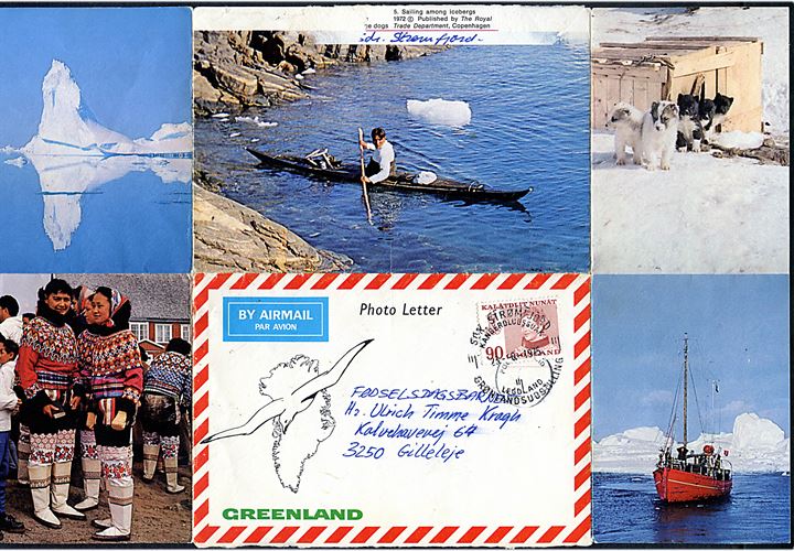 90 øre Margrethe på Photo Letter annulleret Sdr. Strømfjord / Legoland Grønlandsudstilling d. 23.6.1975 til Gilleleje. Under frimærke sort stempel Postage Paid / Porto betalt.