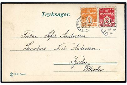 1 øre og 2 øre Bølgelinie på illustreret lokal tryksags-kort dateret 26.4.1908 og annulleret med stjernestempel VETTERSLEV til Tyvelse pr. Vetterslev.