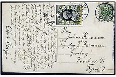 5 øre Fr. VIII og Julemærke 1909 på brevkort annulleret med stjernestempel VESTERBORG og sidestemplet svagt Nakskov d. xx.12.1909 til Kauslunde St.