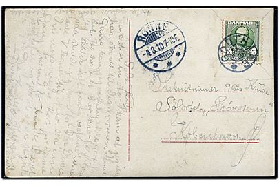 5 øre Fr. VIII på brevkort annulleret med stjernestempel GODTHAAB og sidestemplet Rønne d. 4.3.1910 til soldat på søfortet Prøvestenen, København Ø.