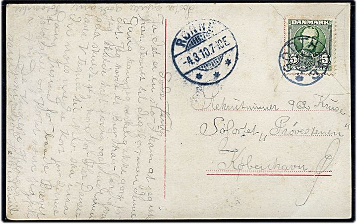 5 øre Fr. VIII på brevkort annulleret med stjernestempel GODTHAAB og sidestemplet Rønne d. 4.3.1910 til soldat på søfortet Prøvestenen, København Ø.