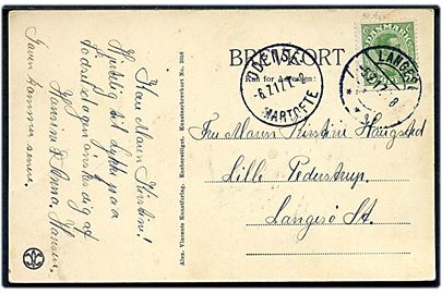 5 øre Chr. X på brevkort stemplet Langesø d. 5.7.1917 til Lille Pederstrup pr. Langesø. Transit stemplet med bureaustempel Odense - Martofte T.2 d. 6.7.1917.