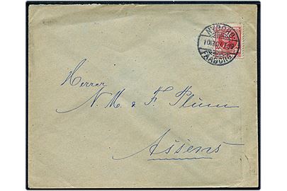 10 øre Fr. VIII på brev fra Faaborg annulleret med bureaustempel Nyborg - Faaborg T.39 d. 10.10.1907 til Assens.