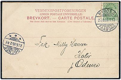 5 øre Våben på brevkort annulleret med bureaustempel Nyborg - Faaborg T.13 d. 27,6,1905 til Kalør pr. Odense.
