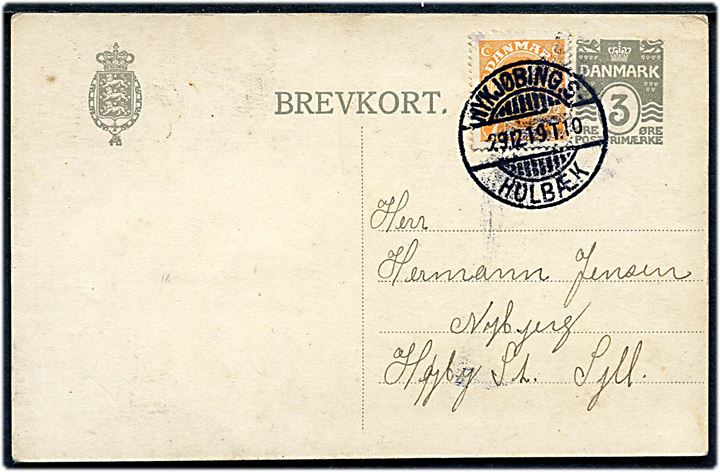 3 øre helsagsbrevkort opfrankeret med 7 øre Chr. X fra Nakke annulleret med bureaustempel Nykjøbing. S. - Holbæk T.10 d. 29.12.1919 til Højby St.