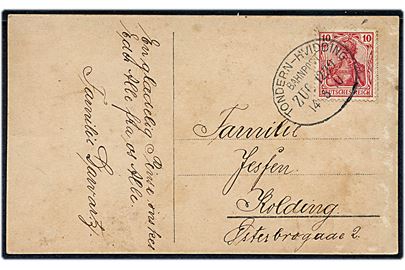 10 pfg. Germania på brevkort annulleret med bureaustempel Tondern - Hvidding Bahnpost Zug 1229 d. 14.5.1910 til Kolding.