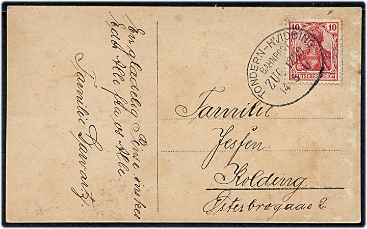 10 pfg. Germania på brevkort annulleret med bureaustempel Tondern - Hvidding Bahnpost Zug 1229 d. 14.5.1910 til Kolding.
