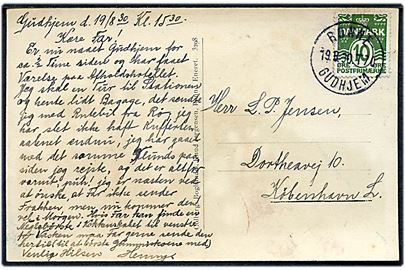 10 øre Bølgelinie på brevkort (Gudhjem Afholdshotel) annulleret med bureaustempel Rønne - Gudhjem T.70 d. 19.8.1930 til Købenbhavn.