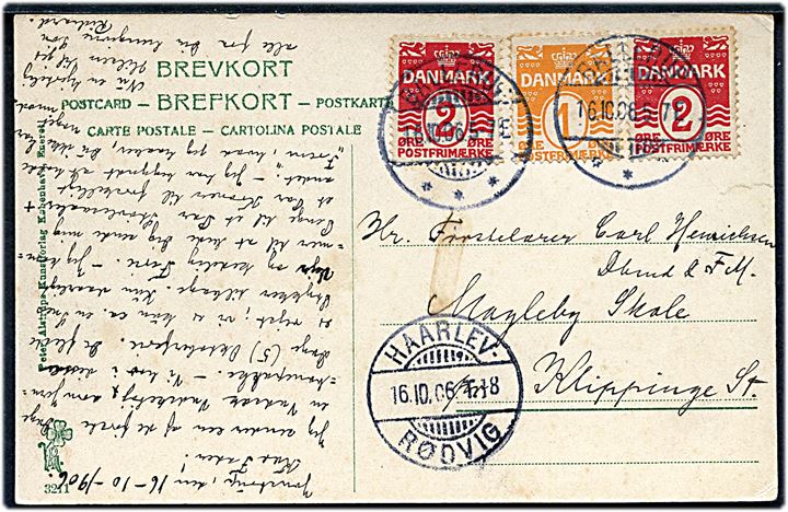 1 øre og 2 øre (2) Bølgelinie på brevkort (Jonstrup Vang, Skovløberhus) fra Ballerup d. 16.10.1906 til Klippinge. Transit stemplet med bureaustempel Haarlev - Rødvig T.18 d. 16.10.1906.