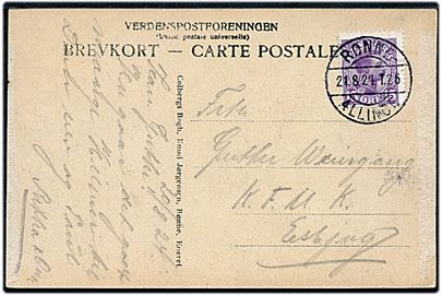 15 øre Chr. X på brevkort annulleret med bureaustempel Rønne - Allinge T.26 d. 21.8.1924 til Esbjerg.