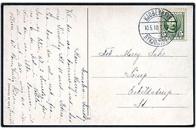 5 øre Fr. VIII på brevkort fra Gunslev annulleret med bureaustempel Kjøbenhavn - Nykjøbing F. T.75 d. 10.5.1910 til Eskildstrup.