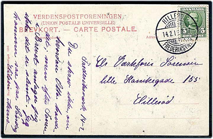 5 øre Fr. VIII på brevkort fra Frederiksværk annulleret med bureaustempel Hillerød - Frederiksværk T.7 d. 14.2.1912 til Hillerød.