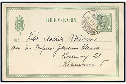 5 øre Fr. VIII helsagsbrevkort fra Korsør annulleret med bureaustempel Kjøbenhavn - Korsør T.24 d. 8.4.1911til København.