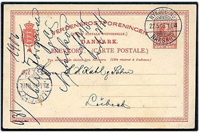 10 øre Chr. IX helsagsbrevkort fra Nakskov annulleret med bureaustempel Nykjøbing - Nakskov T.8 d. 22.5.1906 til Lübeck, Tyskland.