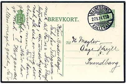 5 øre Chr. X helsagsbrevkort annulleret med bureaustempel Masnedsund - Kallehave T.5 d. 27.5.1914 til Svendborg.