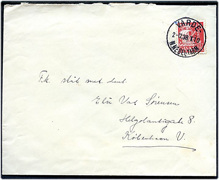 15 øre Karavel på brev fra Nørre Nebel annulleret med bureaustempel Varde - N.Nebel - Tarm T.10 d. 2.12.1938 til København.