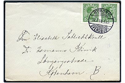 5 øre Chr. X i parstykke på brev annulleret med bureaustempel Nyborg - Svendborg T.25 d. 12.7.1918 til København.