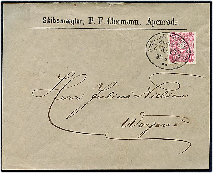 10 pfg. Adler på brev fra Aabenraa annulleret med bureaustempel Apenrade - Rothenkrug Bahnpost Zug 177 d. 30.3.1885 til Vojens.