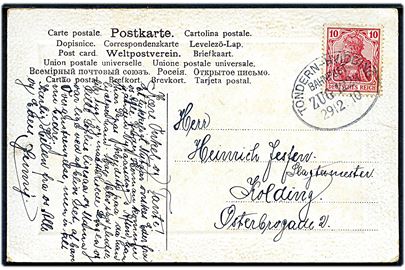 10 pfg. Germania på nytårskort annulleret med bureaustempel Tondern - Hvidding bahnpost Zug 1228 d. 29.12.1910 til Kolding, Danmark.