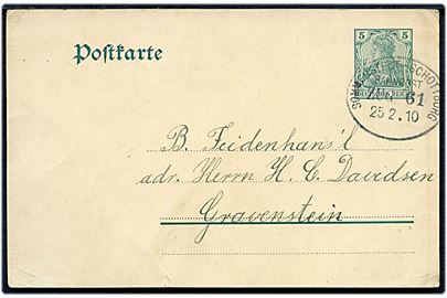 5 pfg. Germania helsagsbrevkort annulleret med bureaustempel Sommerstedt - Schottburg Bahnpost Zug 61 d. 25.2.1910 til Gravenstein.