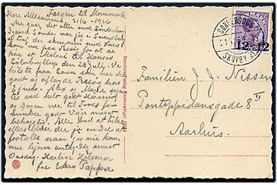 12/15 øre Provisorium på brevkort (Sønderborg havn med dampskib) skrevet ombord på færgen til Mommark annulleret med bureaustempel Sønderborg - Skovby Als T. 19 d. 21.6.1926 til Aarhus.
