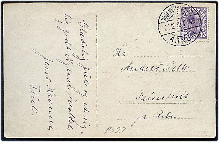 15 øre Chr. X på brevkort annulleret med bureaustempel Vojens - Gramby - Arnum T.46 d. 21.12.1920 til Ribe.