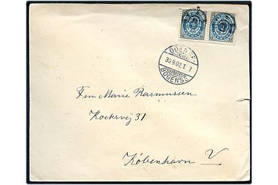 4 øre Tofarvet i parstykke på brev annulleret med stjernestempel SKAMBY og sidestemplet bureau Odense - Bogense T.7 d. 30.9.1902 til København.