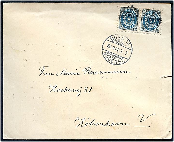 4 øre Tofarvet i parstykke på brev annulleret med stjernestempel SKAMBY og sidestemplet bureau Odense - Bogense T.7 d. 30.9.1902 til København.