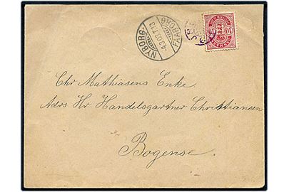 10 øre Våben på brev annulleret med violet stjernestempel HØJRUP og sidestemplet bureau Nyborg - Faaborg T.13 d. 4.3.1903 til Bogense.