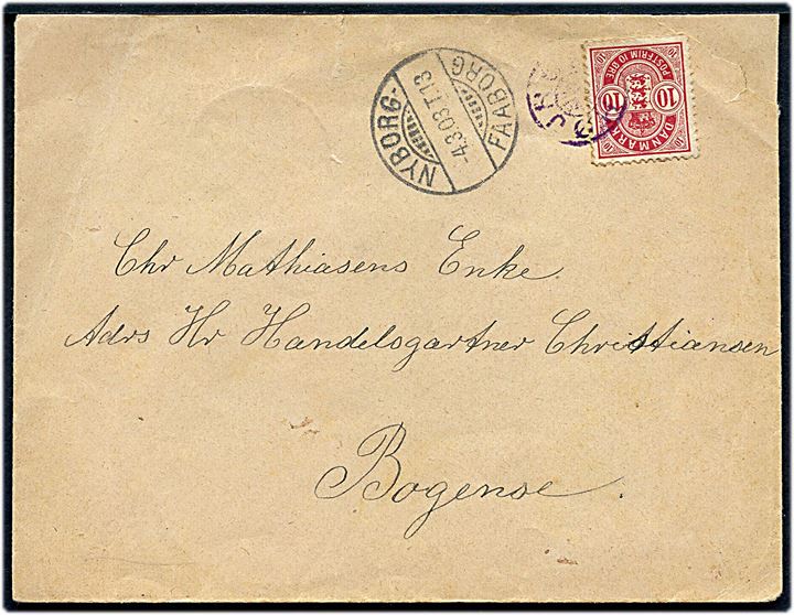 10 øre Våben på brev annulleret med violet stjernestempel HØJRUP og sidestemplet bureau Nyborg - Faaborg T.13 d. 4.3.1903 til Bogense.