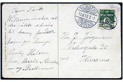 5 øre Bølgelinie på brevkort (Grænsen ved Skodborg) annulleret med stjernestempel AALE og sidestemplet bureau Horsens - Tørring T.7 d. 11.8.1913 til Horsens.