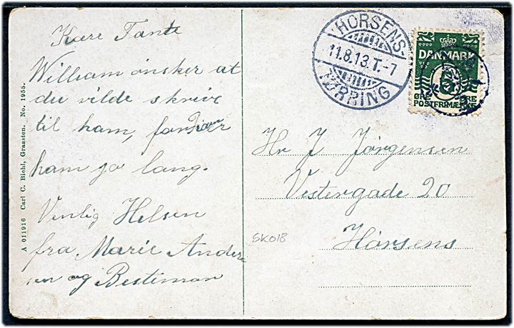 5 øre Bølgelinie på brevkort (Grænsen ved Skodborg) annulleret med stjernestempel AALE og sidestemplet bureau Horsens - Tørring T.7 d. 11.8.1913 til Horsens.