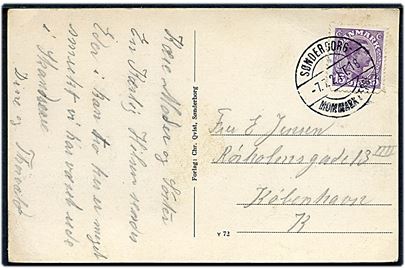 15 øre Chr. X på brevkort (Dybbøl, Skanse V og VI) annulleret med bureaustempel Sønderborg - Mommark Færge T.18 d. 7.7.1924 til København.