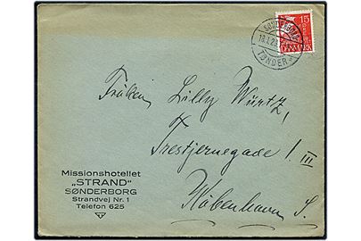 15 øre Karavel på brev fra Sønderborg annulleret med bureaustempel Sønderborg - Tønder sn2 T.1420 d. 18.1.1929 til København.