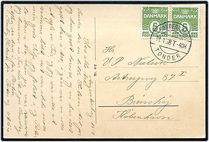 5 øre Bølgelinie (2) på brevkort fra Augustenborg annulleret med bureaustempel Sønderborg - Tønder T.408 d. 18.4.1938 til Brønshøj.
