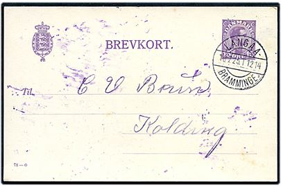 15 øre Chr. X helsagsbrevkort (fabr. 78-O) med udelt forside fra Gjern annulleret med bureaustempel Langaa - Bramminge sn1 T.1214 d. 10.7.1925 til Kolding.