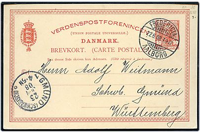 10 øre Fr. VIII helsagsbrevkort fra Aarhus annulleret med bureaustempel Fredericia - Aalborg T.912 d. 22.6.1908 til Gmünd, Württemberg, Tyskland.
