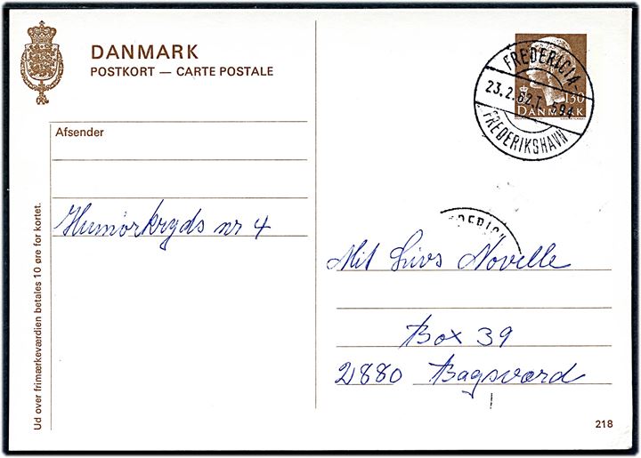 130 øre Margrethe helsagsbrevkort fra Sæby annulleret med bureaustempel Fredericia - Frederikshavn T.594 d. 23.2.1962 til Bagsværd.