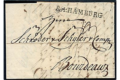 1803. Brev med indhold dateret i Danzig d. 13.5.1803 med liniestempel R.4.HAMBURG til Bordeaux, Frankrig.
