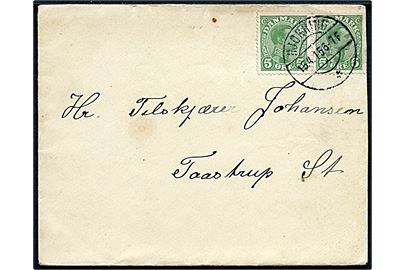 5 øre Chr. X i parstykke på brev annulleret brotype IIb Hjørring * d. 15.4.1915 til Taastrup.