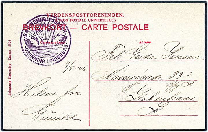 Dronning Louises Bro, Børnehjælpsdagen 1906 med violet stempel på bagsiden. J. Hauerslev no. 5524. Kvalitet 8