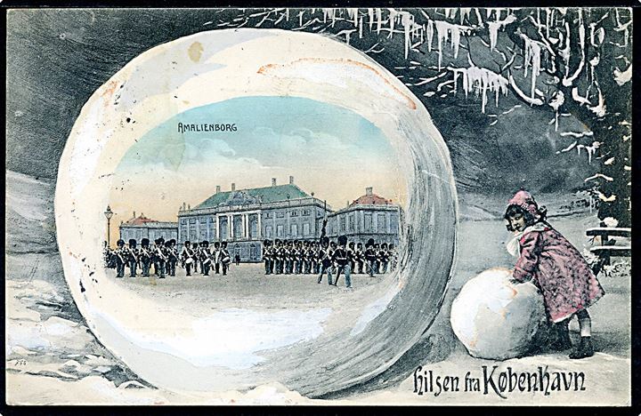 Amalienborg, Pige med snebold og prospekt. A. Vincent no. 4077. Kvalitet 8
