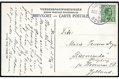 5 øre Chr. X på brevkort annulleret med sejlende bureaustempel Kjøbenhavn - * * Rønne d. 22.12.1917 POST2 til Hornum St.