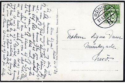 10 øre Bølgelinie på brevkort annulleret med sjældent brotype Vb Rønne B. d. 21.9.1929 til Neksø. Stempel benyttet ca. 2 mdr. senere end registreret af Bendix. Undervurderet i katalog.
